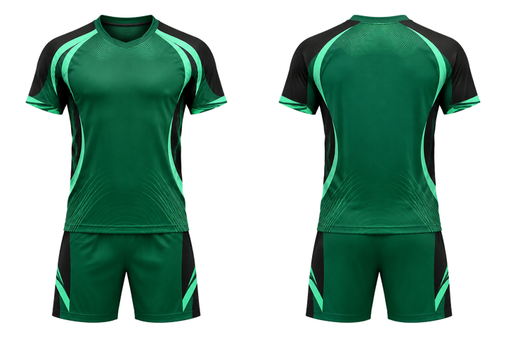 Front and back view of emerald nested contour arcs volleyball court match uniform