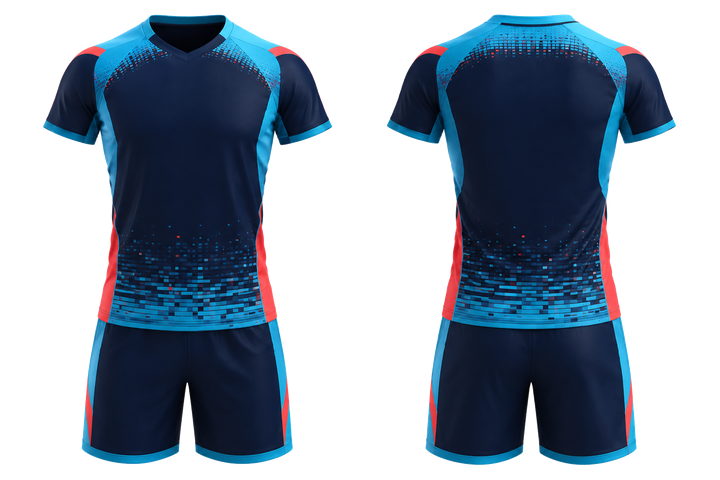 Front and back view of midnight navy pixel to panel fade built from flat bands volleyball court match uniform
