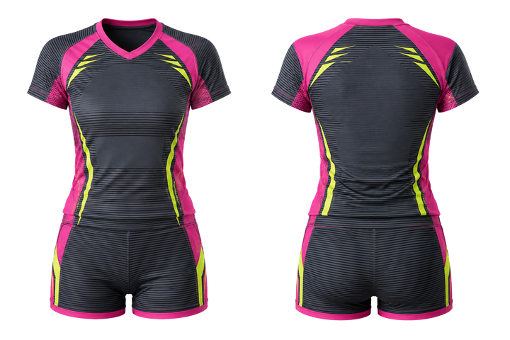 Front and back view of slate retro micro stripe with modern panel breaks volleyball court match uniform