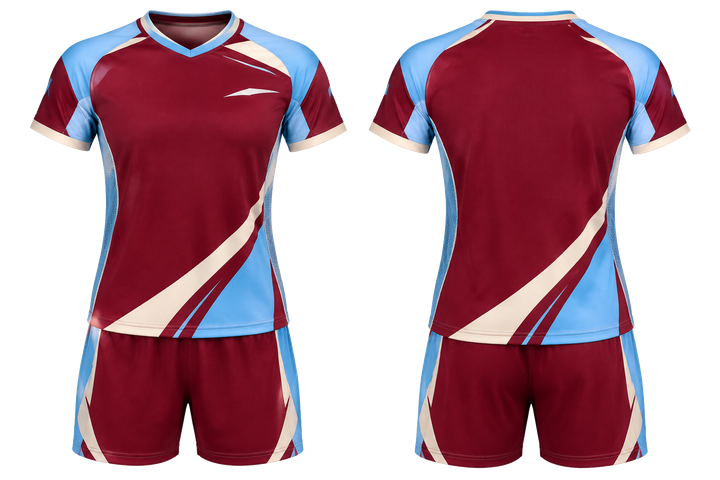 Front and back view of deep maroon split sash geometry volleyball court match uniform