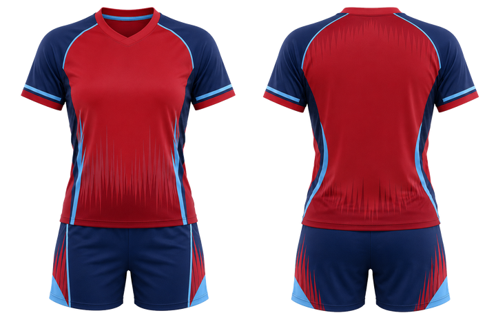 Front and back view of deep red tonal soundwave rhythm volleyball court match uniform