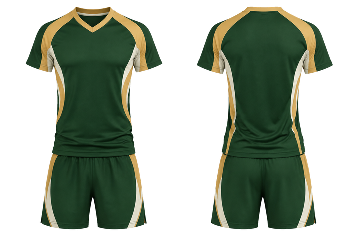 Front and back view of forest green bold sleeve to side bridge volleyball court training set