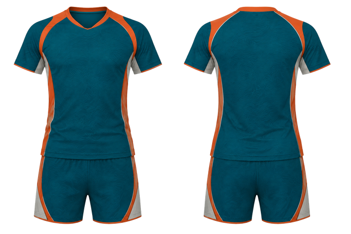 Front and back view of petrol teal low contrast ripple map volleyball court training set