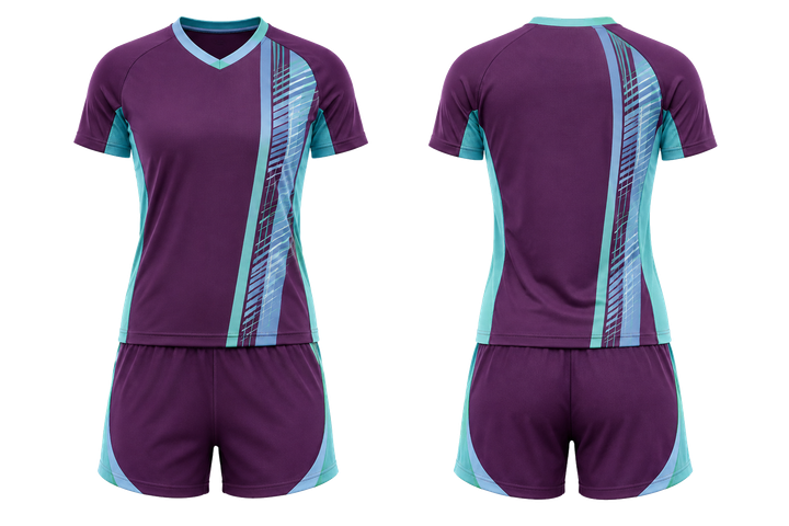 Front and back view of plum offset vertical race stripe volleyball court training set