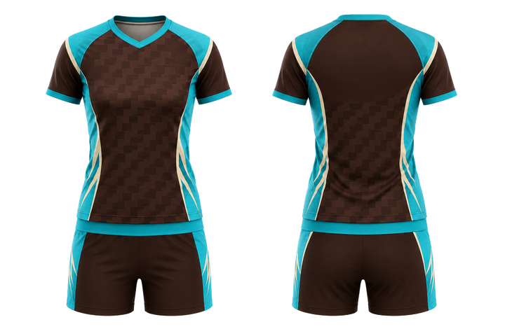 Front and back view of dark chocolate stepped chequer field with original spacing volleyball court training set
