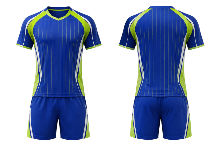 Front and back view of royal blue wide modern pinstripe field volleyball court training set