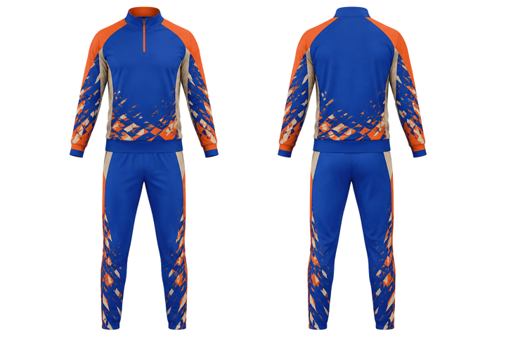 Front and back view of cobalt fractured diamond field volleyball court warm up set