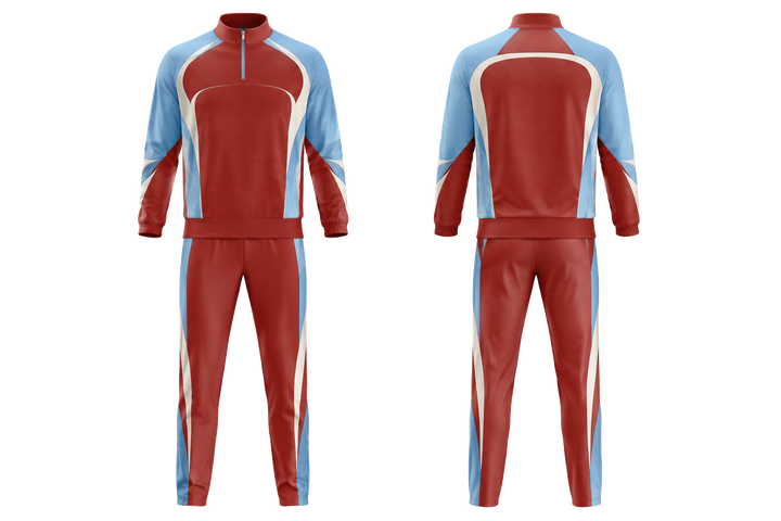 Front and back view of brick red retro micro stripe with modern panel breaks volleyball court warm up set