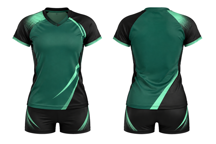Front and back view of emerald asymmetric speed panel sweep volleyball libero or alternate uniform