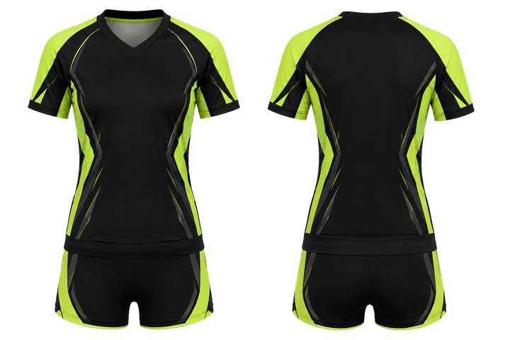 Front and back view of black bold sleeve to side bridge volleyball libero or alternate uniform