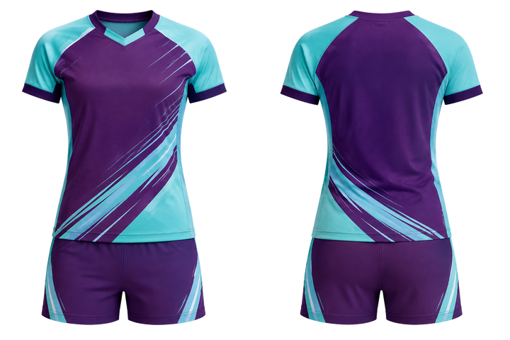 Front and back view of plum diagonal court line architecture volleyball libero or alternate uniform