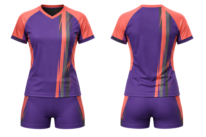 Front and back view of purple offset vertical race stripe volleyball libero or alternate uniform
