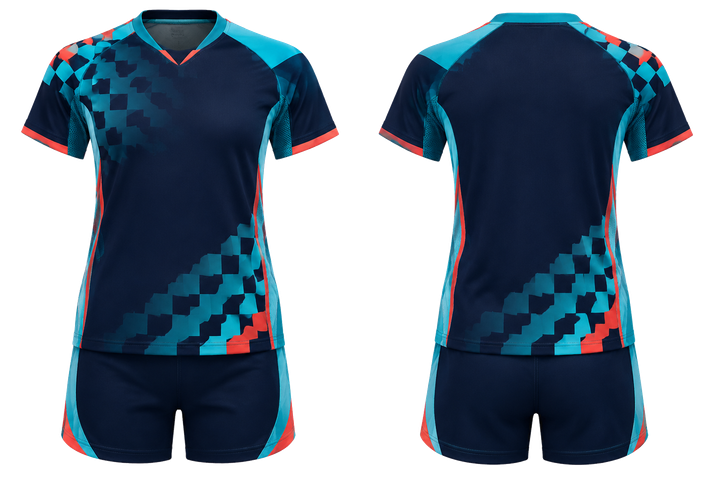 Front and back view of midnight navy stepped chequer field with original spacing volleyball libero or alternate uniform