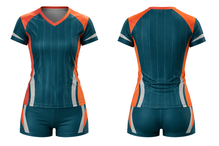 Front and back view of petrol teal wide modern pinstripe field volleyball libero or alternate uniform