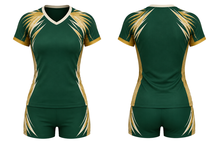 Front and back view of forest green angular shoulder burst volleyball women's or youth court uniform