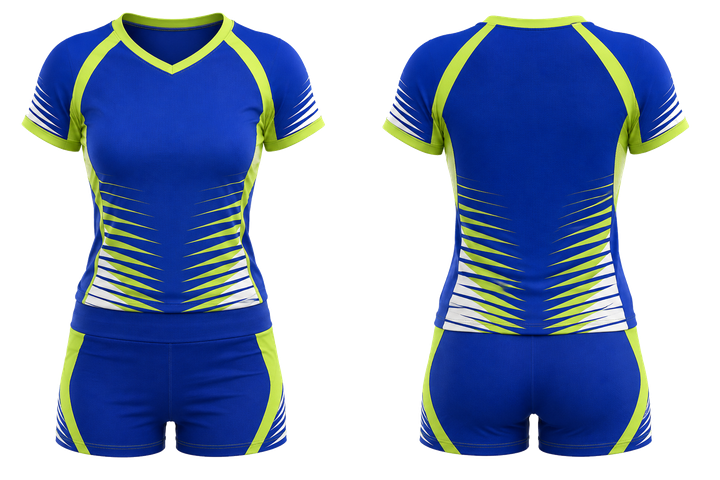 Front and back view of royal blue compressed gradient illusion made only from flat bands volleyball women's or youth court uniform