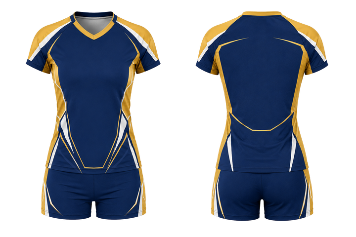 Front and back view of marine blue faceted shield geometry volleyball women's or youth court uniform