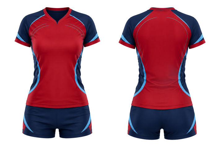 Front and back view of deep red minimal arch and orbit geometry volleyball women's or youth court uniform