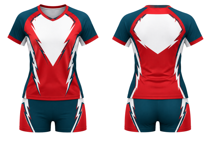 Front and back view of club red negative space lightning channel volleyball women's or youth court uniform