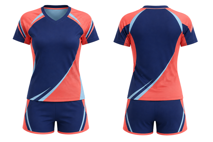 Front and back view of indigo split sash geometry volleyball women's or youth court uniform