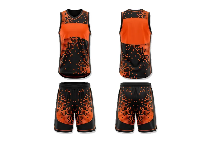 Ghost mannequin photograph of the Digital pixel Piped panels custom jersey design, front and back views side by side