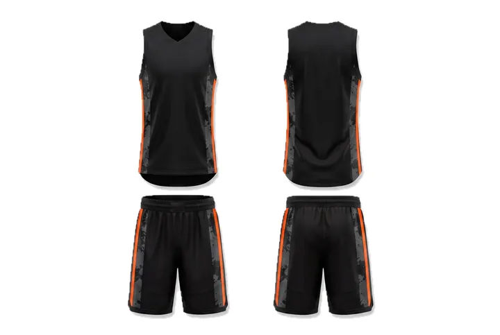 Ghost mannequin photograph of the Splatter Twin side stripe custom jersey design, front and back views side by side