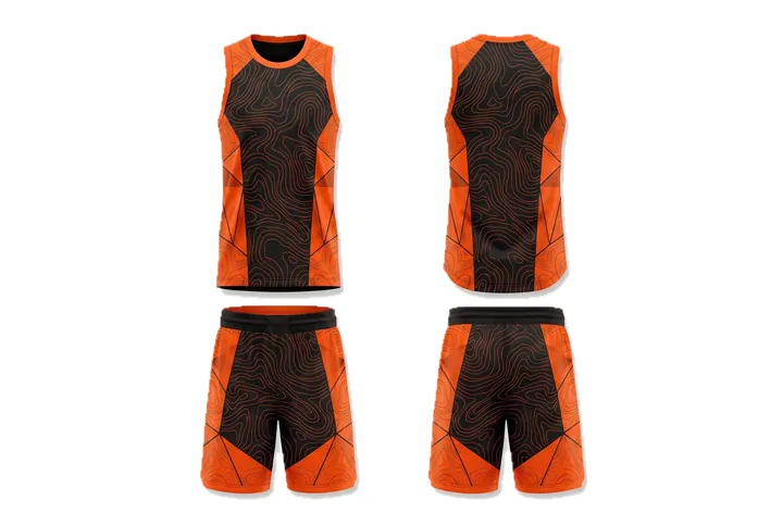 Ghost mannequin photograph of the Topographic Geometric side panel custom jersey design, front and back views side by side