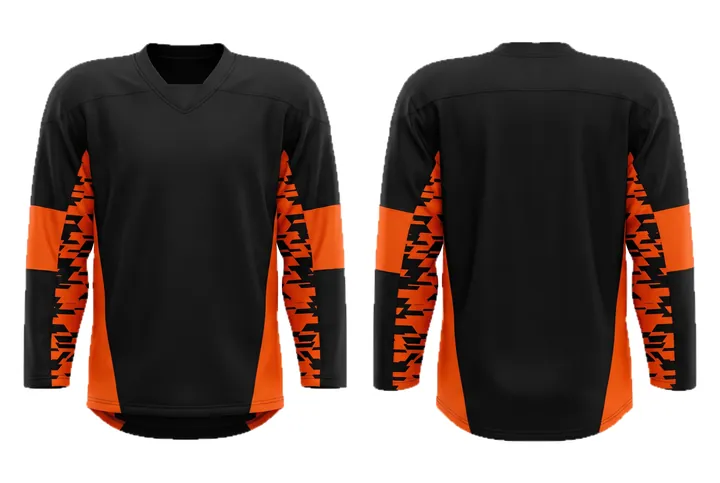 Ghost mannequin photograph of the Glitch Side panel custom jersey design, front and back views side by side