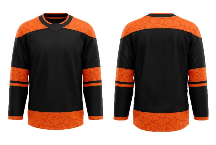 Ghost mannequin photograph of the Ice fracture Yoke and stripe package custom jersey design, front and back views side by side