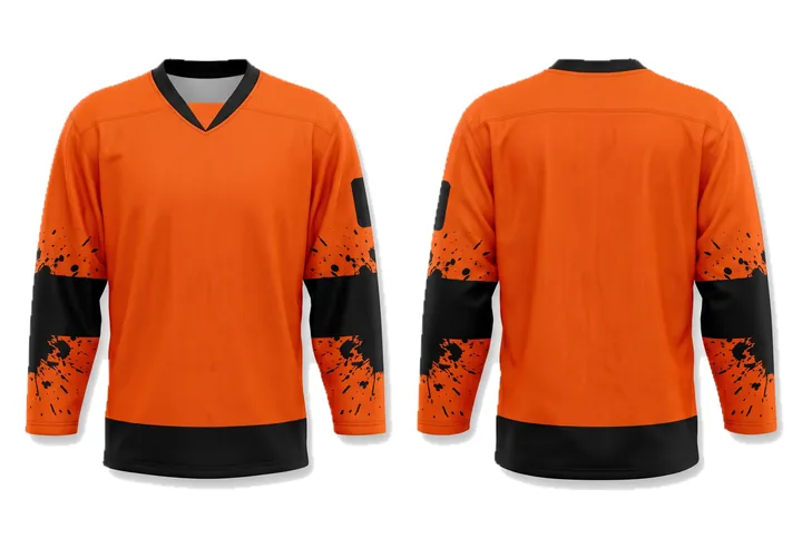 Ghost mannequin photograph of the Splatter Gauntlet block custom jersey design, front and back views side by side