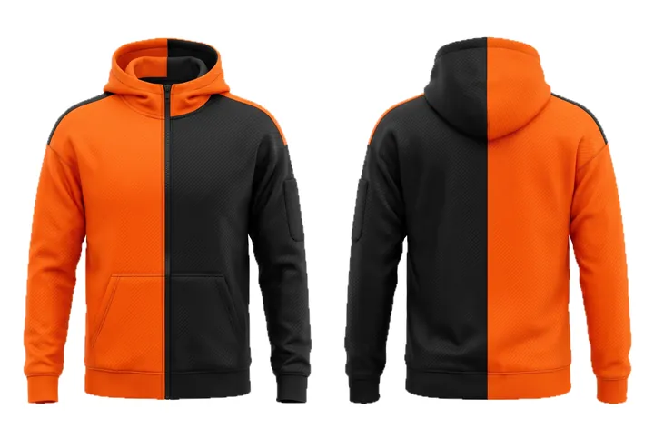 Ghost mannequin photograph of the Carbon weave Asymmetric block custom jersey design, front and back views side by side
