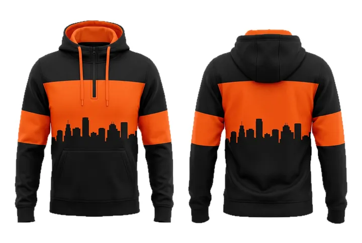 Ghost mannequin photograph of the City skyline Chest band custom jersey design, front and back views side by side