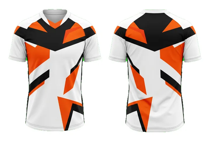 Ghost mannequin photograph of the Angular geometry Angular yoke custom jersey design, front and back views side by side