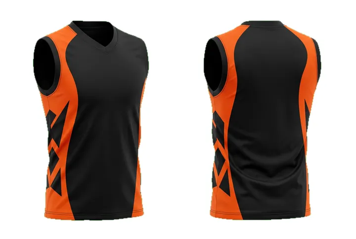Ghost mannequin photograph of the Angular geometry Asymmetric side panel custom jersey design, front and back views side by side
