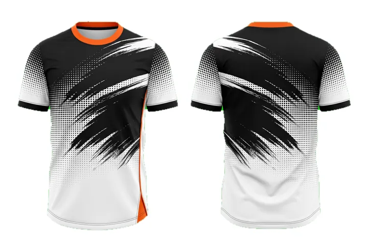 Ghost mannequin photograph of the Brush stroke Halftone fade custom jersey design, front and back views side by side