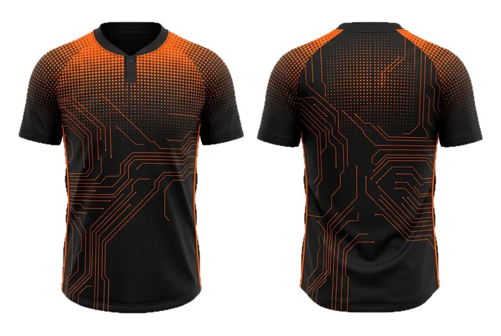 Ghost mannequin photograph of the Circuit trace Halftone fade custom jersey design, front and back views side by side
