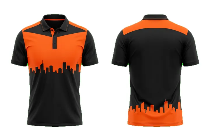 Ghost mannequin photograph of the City skyline Angular yoke custom jersey design, front and back views side by side