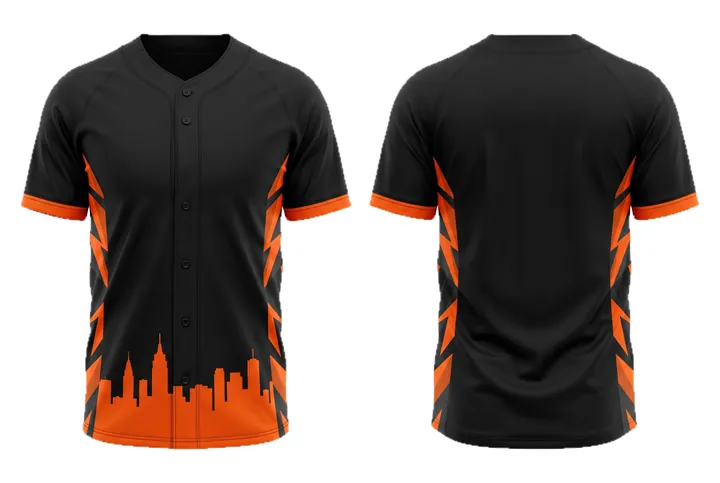Ghost mannequin photograph of the City skyline Geometric side panel custom jersey design, front and back views side by side