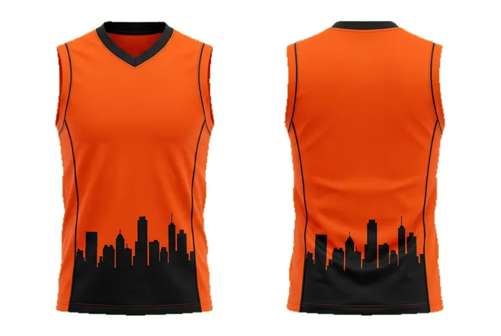 Ghost mannequin photograph of the City skyline Piped panels custom jersey design, front and back views side by side