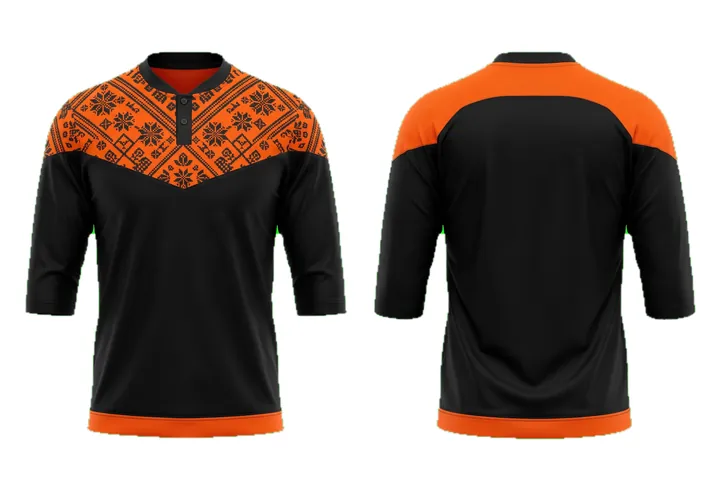 Ghost mannequin photograph of the Cultural motif Angular yoke custom jersey design, front and back views side by side