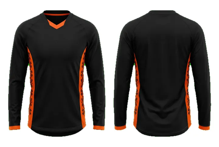 Ghost mannequin photograph of the Cultural motif Side panel custom jersey design, front and back views side by side