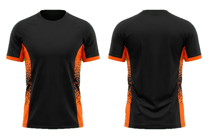 Ghost mannequin photograph of the Digital pixel Side panel custom jersey design, front and back views side by side