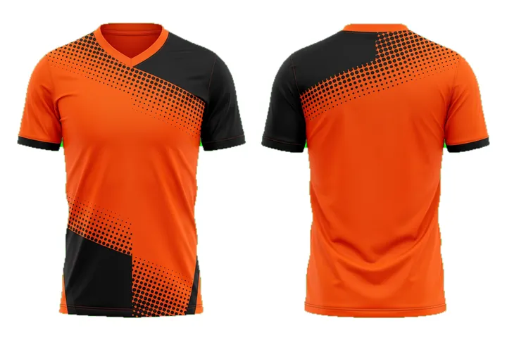 Ghost mannequin photograph of the Halftone dots Asymmetric block custom jersey design, front and back views side by side