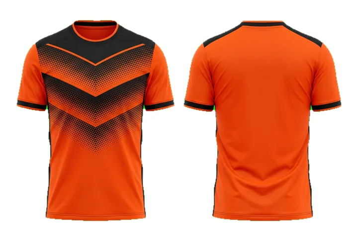 Ghost mannequin photograph of the Halftone Fade Chevron custom jersey design, front and back views side by side