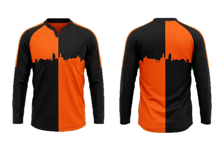 Ghost mannequin photograph of the Landscape Silhouette Halves custom jersey design, front and back views side by side