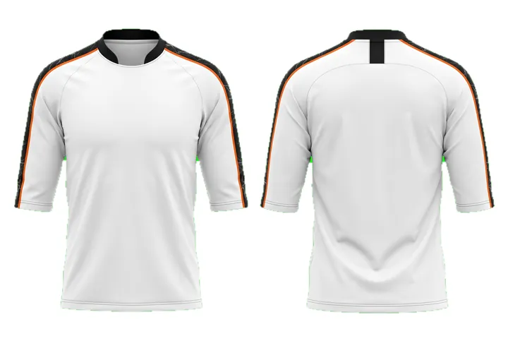 Ghost mannequin photograph of the Marble Shoulder Tape custom jersey design, front and back views side by side