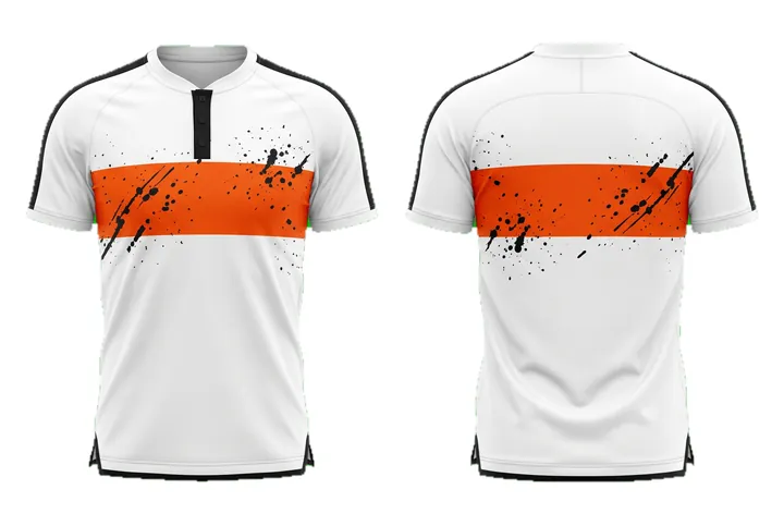 Ghost mannequin photograph of the Paint Splatter Chest Band custom jersey design, front and back views side by side