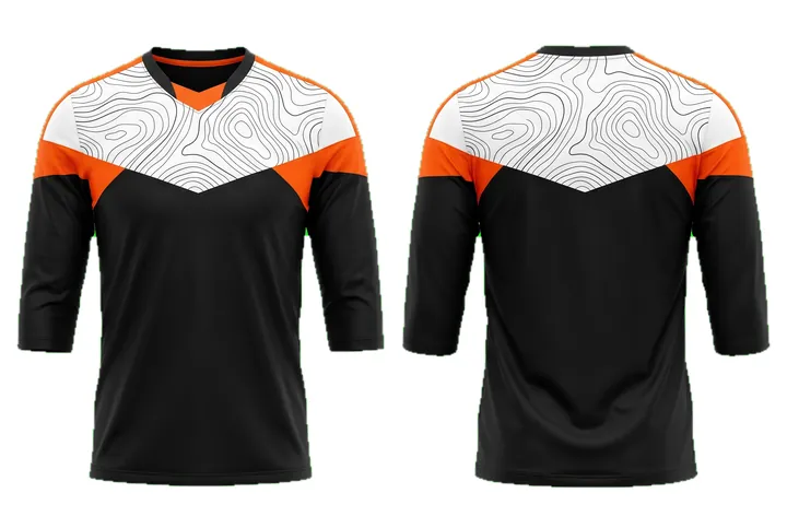 Ghost mannequin photograph of the Topographic Angular yoke custom jersey design, front and back views side by side