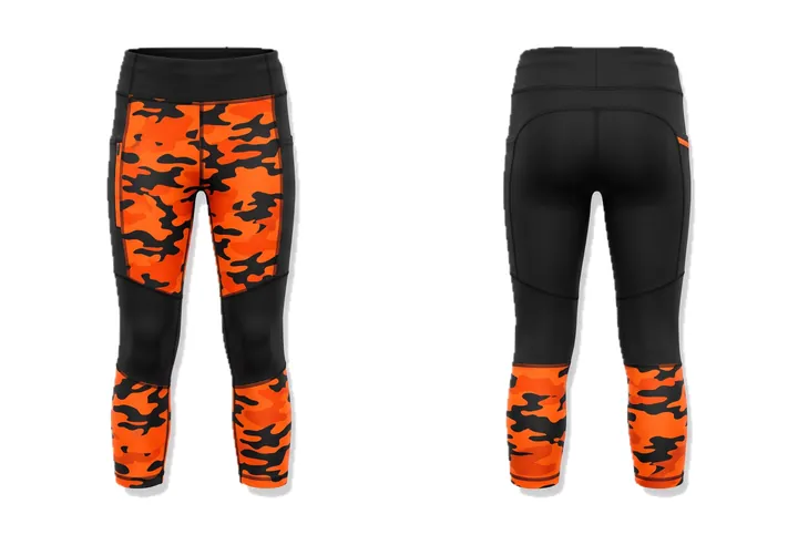 Ghost mannequin photograph of the Camo Colour-blocked leg custom jersey design, front and back views side by side