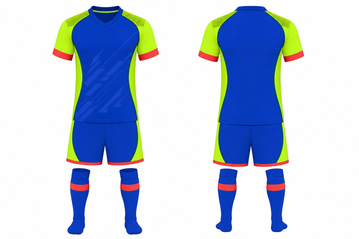 Front and back view of a royal blue soccer jersey, shorts and socks kit with lime panels and coral trim